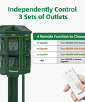 Outdoor Power Stake With A 50 Foot Waterproof Extension Cord Remote Controlled Three Separate Outlet Groups And Six Grounded Outlets For Backyard Garden Patio And Outdoor Decor ETL Listed showing remote with controls