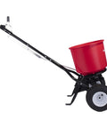 Side view of 2600A-PLUS Fertilizer Spreader with 40Lb Hopper, beefy all terrain pneumatic tires, rust proof polypropylene hopper