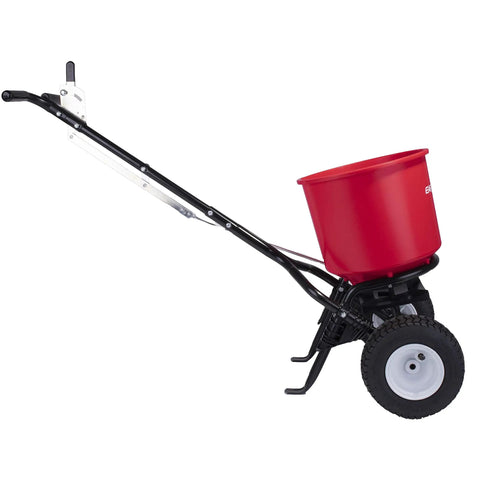 Side view of 2600A-PLUS Fertilizer Spreader with 40Lb Hopper, beefy all terrain pneumatic tires, rust proof polypropylene hopper