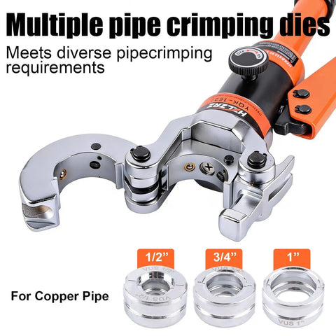 Pro Press Copper Pipe Crimp Tool Kit With Three Dies For One Half Inch, Three Quarter Inch And One Inch PEX Plumbing tool and dies.