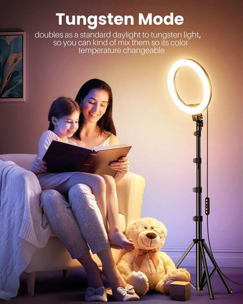 Warm tungsten lighting from 12 Inch Ring Light With 72 Inch Tripod enhancing mother-child reading session, teddy bear beside.