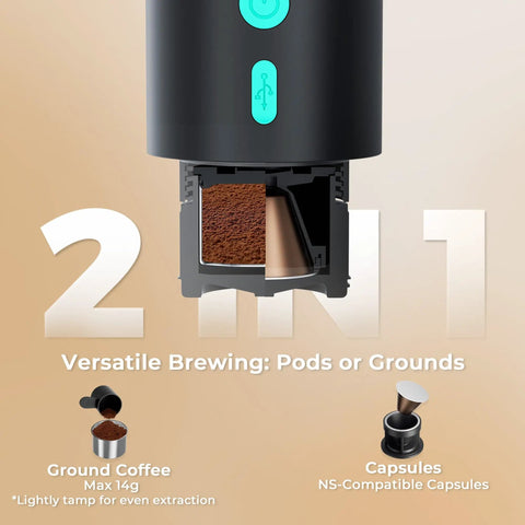 Portable Electric Espresso Machine With 20 Bar Pump, Fast Heat Up On The Go Coffee Maker USB C Rechargeable with coffee pods and grounds