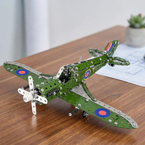 Metal Hurricane Fighter Jet Model Kit With 331 Parts One Thirty Second Scale STEM Building Set for Adults and Kids on desk