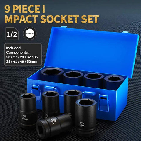 1 Inch Drive Deep Impact Socket Set, 9-Piece Jumbo 6-Point Metric Sockets CR-Mo Steel with blue case
