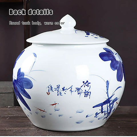 Heavy Duty Ceramic Airtight Rice Bin And Cereal Canister With Retro Chinese Motifs in warm color and round shape.