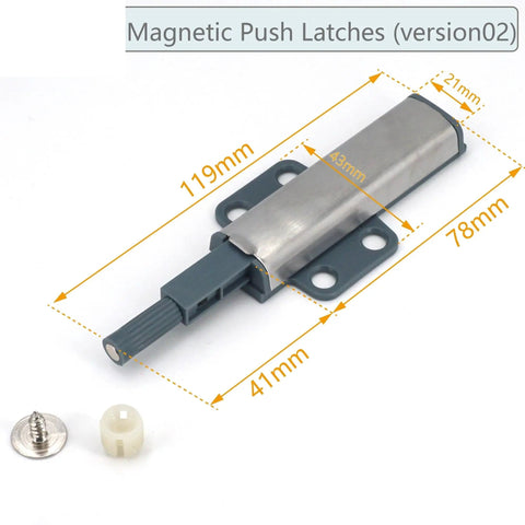 Extra Slick Magnetic Touch Latch For Cabinets And Doors No Handle Open With A Simple Tap Stainless Steel, detailed dimensions.