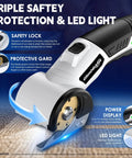 GlimHirVox Electric Box Cutter For Cardboard With Safety Lock And Led Light Cordless Scissors showing safety features and blade design.
