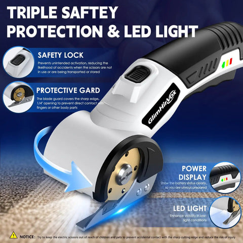 GlimHirVox Electric Box Cutter For Cardboard With Safety Lock And Led Light Cordless Scissors showing safety features and blade design.