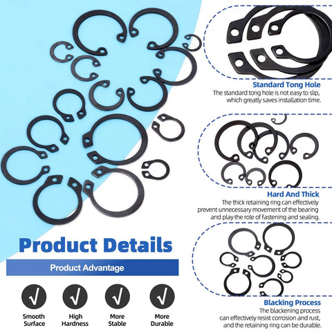 499 Piece External And Internal Retaining Ring Kit With 8 Sizes Metric O Rings Snap Circlips And Short Pick And Hook Set In Durable Plastic Storage Box For Easy Install Or Removal visible with product details highlighted