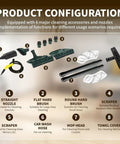 Product configuration of Heavy Duty Commercial Steam Cleaner, 3000W Power with 6 cleaning accessories laid out on a table.