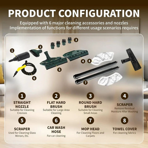 Powerful Portable High Pressure Steam Cleaner With Eight Included Accessories For Home Deep Cleaning Tile Grout And Car Detailing fast heat up accessories displayed.