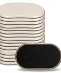 Heavy Duty Oval Furniture Sliders Complete Set Of 16 Smooth Glide Pads For Carpet And Hardwood Floors reusable movers stacked and one pad showing detail.