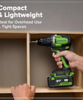24V Half Inch Brushless Cordless Drill That Beasts 800 Inch Pounds Torque, Two Speed Gearbox, 21 Clutch Settings, 4.0Ah Battery Plus USB C Power Bank, 65W Fast Charger, And 3.3 Foot Braided Cable in use drilling a wooden shelf.