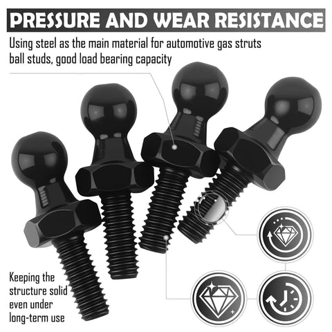 Four Piece 10mm Ball Stud Kit With Hardware For Gas Struts Lift Supports, M6 Thread, 14mm Shaft, 10mm Ball Head, Universal Fit For Cars And Trucks, Replacement Parts For Worn Gas Springs, Easy Install, black steel studs