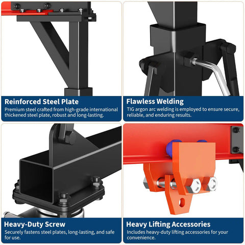 Heavy Duty 2200 Lbs Gantry Crane With 8 To 12 Ft Adjustable Height showcasing reinforced steel plate, flawless welding, and heavy-duty accessory details.