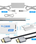 Wii Wired Sensor Bar And HDMI Adapter Bundle showing sensor bar, HDMI converter, AV cable, and power cord with measurements for Nintendo Wii.