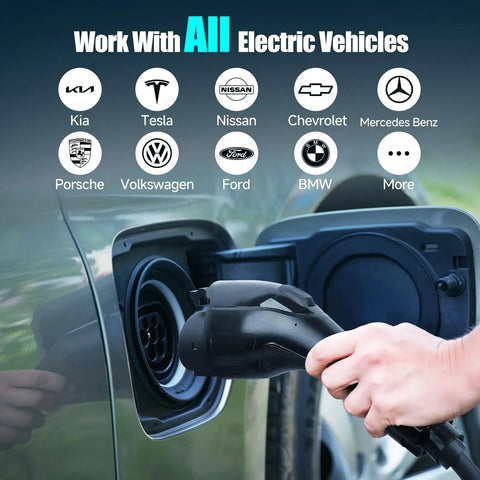 Top Shelf Smart Wifi Level 2 Ev Charger Station 48 Amps Adjustable 240 Volt Home Electric Vehicle Rapid Charge connector in use.