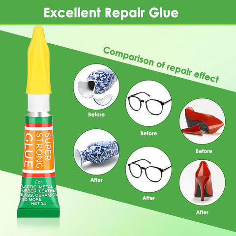 Comparison of before and after repair using super strong glue for plastic, metal, rubber, ceramics, 30 Pack Of 3G Mini Cyanoacrylate Glue Tubes
