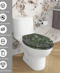 Elongated Resin Toilet Seat for Bathroom with floral design on top, installed on a white toilet, in modern bathroom setting.