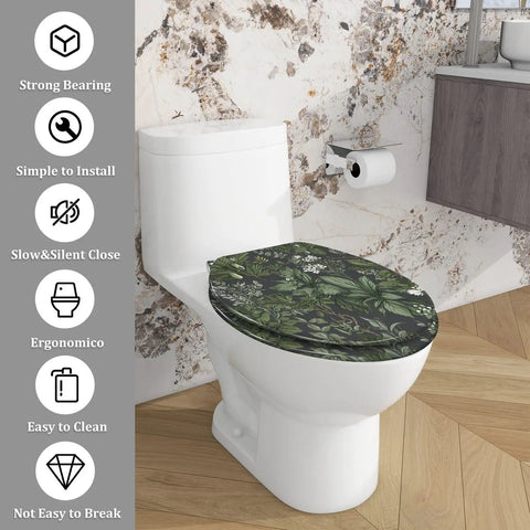 Elongated Resin Toilet Seat for Bathroom with floral design on top, installed on a white toilet, in modern bathroom setting.