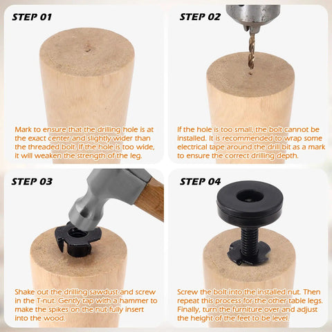 Installation steps for Beefy Heavy Duty Furniture Leveling Feet Set For Tables Cabinets Sofas And Dressers with tools and wood block