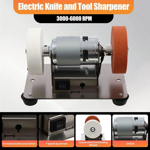 Slick Little Mini Belt Sander And Bench Grinder With 96 Watt Copper Motor For Smooth Knife And Tool Sharpening Adjustable Speed Home Wood And Metal Workshop Knockout Gem. Electric sharpener, 3000-6000 RPM, featuring coarse and fine wheels.