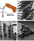 Heavy Duty Aluminum Profile Drill Guide And Extrusion Cutting Jig with aluminum profiles and drill bits for precise drilling.