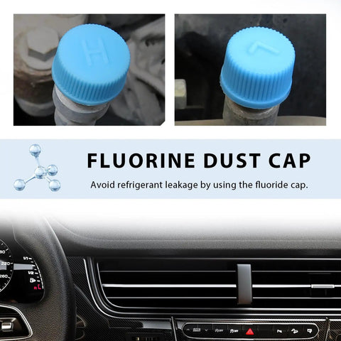 2 Pack Car AC Valve Caps With Leakproof O Ring Seal For R134a Charging Ports on vehicle dashboard, blue caps shown in detail.