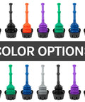 Multiple Black Bellows Accordion Toilet Plunger With Drip Tray And Storage Tray, different colors shown, front view.