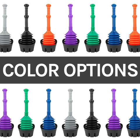 Multiple Black Bellows Accordion Toilet Plunger With Drip Tray And Storage Tray, different colors shown, front view.