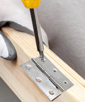 Installing Built Tough 3 Inch Mini Stainless Steel Butt Hinges Rust Resistant 304 on wooden frame with a screwdriver.