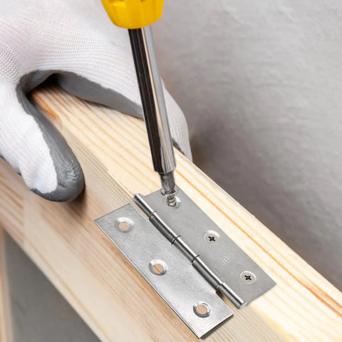 Installing Built Tough 3 Inch Mini Stainless Steel Butt Hinges Rust Resistant 304 on wooden frame with a screwdriver.