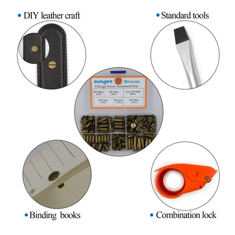 Premium Chicago Screw Assortment Kit Brass Leather Binding Posts Heavy Duty Hardware Fasteners visual in kit for DIY projects.