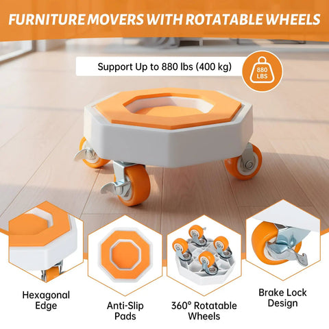 Heavy Duty Furniture Dollies With 360 Degree Rotating Rubber Wheels showing hexagonal design and anti-slip pads for stability.