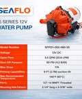 12V RV Water Pump 5.5 GPM 60 PSI Heavy Duty Diaphragm Pump with specifications and features prominently displayed.