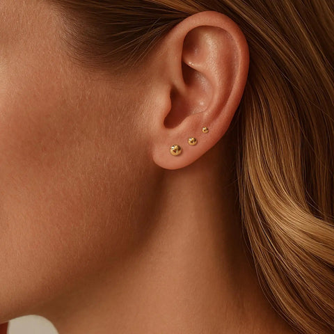 14K Gold Plated Ball Stud Earrings Set for Multiple Piercings High Polish Finish Hypoallergenic Round Ball Studs in 3Mm 4Mm 5Mm Sizes Cute Everyday Jewelry Trio for Women worn in earlobe