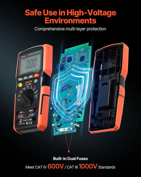 Exploded view of Digital Multimeter 6000 Count TRMS Auto Ranging showing internal circuit board and protective casing layers