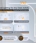 Diagram detailing LED Clamp Desk Lamp With Gooseneck features, dimensions, and remote control functionalities for home office.