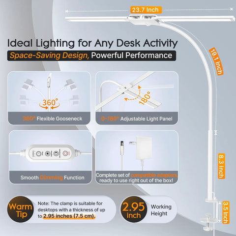 Diagram detailing LED Clamp Desk Lamp With Gooseneck features, dimensions, and remote control functionalities for home office.