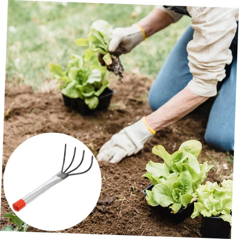 Gardener using Three Piece Steel Garden Rake Set With Comfortable Grip Handles For Soil Loosening, image of rake inset