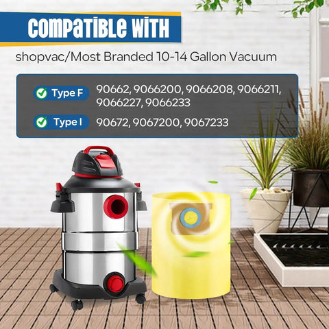 12 Pack 10 To 14 Gallon Vacuum Bags For Wet Dry Vacuums Compatible With Type I And Type F Models shown next to a vacuum cleaner