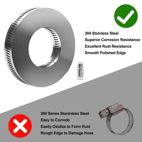 Comparison of 32Ft 304 Stainless Steel Hose Clamps DIY Kit with 25 Heavy Duty Fasteners and inferior 200 series clamp