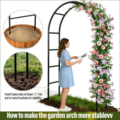 Woman assembling versatile garden pergola arch with two size setup 7 ft 6 in wide by 6 ft 5 in high or 4 ft 6 in wide by 7 ft 10 in high