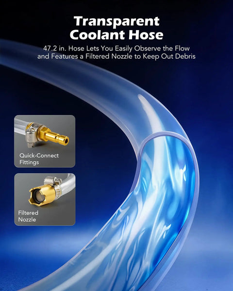 Transparent coolant hose showing flow with quick-connect fittings and filtered nozzle for 13-piece coolant vacuum refill kit.