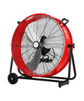 24 Inch High Velocity Drum Fan 8100 CFM Heavy Duty Industrial Electric Shop Ventilator Red with tilt and metal construction.