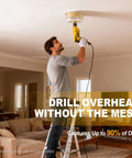 Man using Workhorse Six And Four Inch Hole Saw Kit With Reusable Silicone Dust Bowl for precise ceiling cuts.