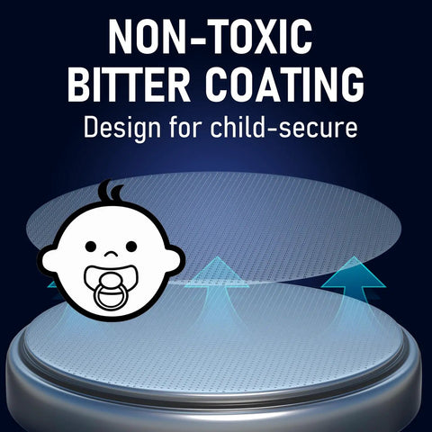 Top Shelf Cr2032 Lithium 3V Battery 25 Pack With Child Safe Guard And Zero Hassle Swap For Apple Airtag features non-toxic bitter coating for safety.