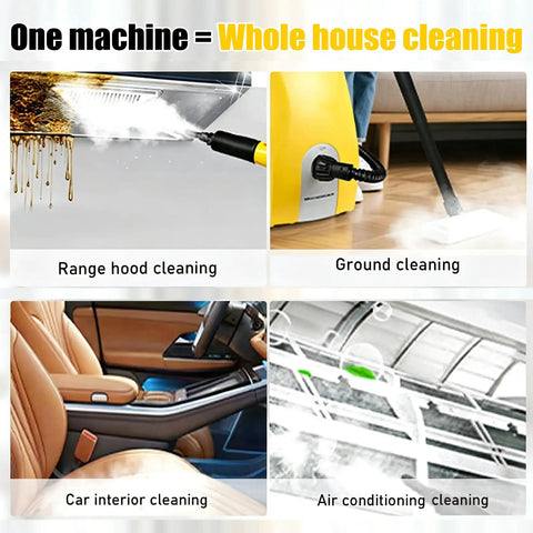 Orisuntech Multi Purpose Steam Cleaner With Ozone Purification High Pressure Continuous Steam Washer For Home Hotel Car And Ac Deep Cleaning Heated Carpet Extractor Removes Grease Limescale Mold Blue, shown in use for range hood, ground, car interior, and air conditioning cleaning.