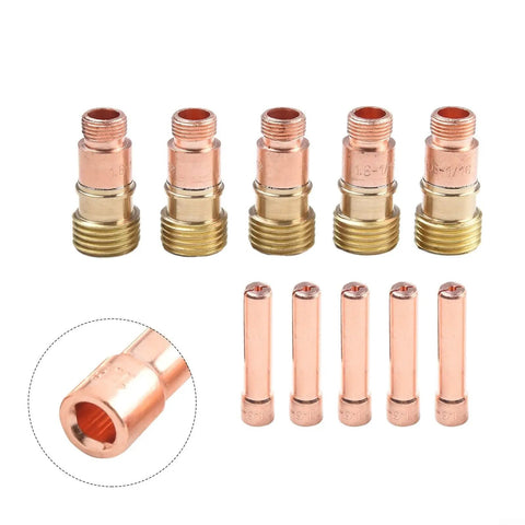 Get Ready For Precision Welding With This Stubby Gas Lens Kit Compatible With WP17 18 26 Torches Plus 10N23S Collet And 17GL116 Parts. Five brass and copper nozzles with five collets.