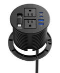 Slick Clutch Desk Power Grommet Featuring Retractable Usb C Cable Dual Ac Outlets And Multi Port Quick Charge Hub on desk surface.